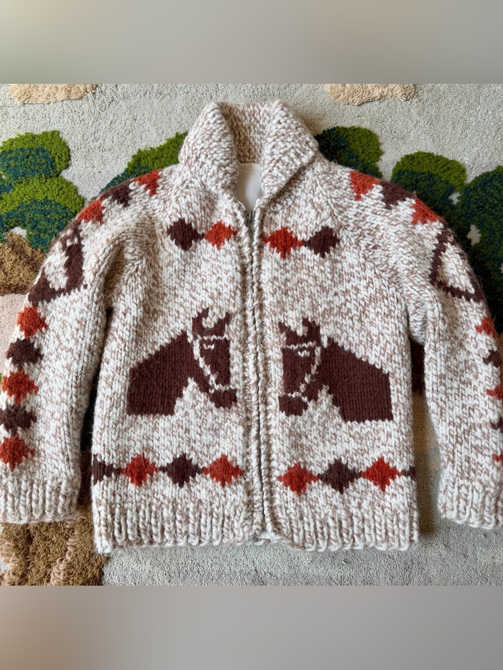 Vintage Sweater Kids Cowichan Horse Head Animal Wool Children’s Cardigan Thick